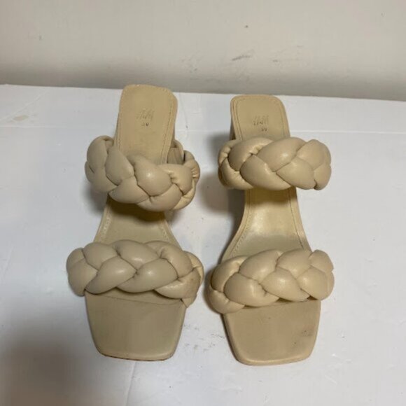 H&M Beige Braided Double Strap Women's Heeled Mules Size 39 - Picture 2 of 8